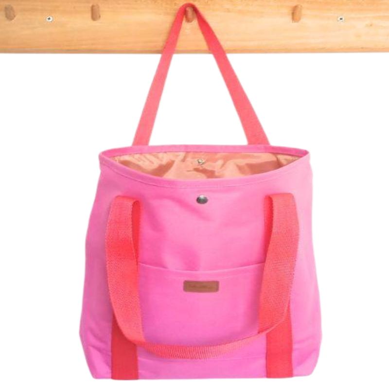 Tote sky fucsia con asas rojas y con estuche portacosmeticos